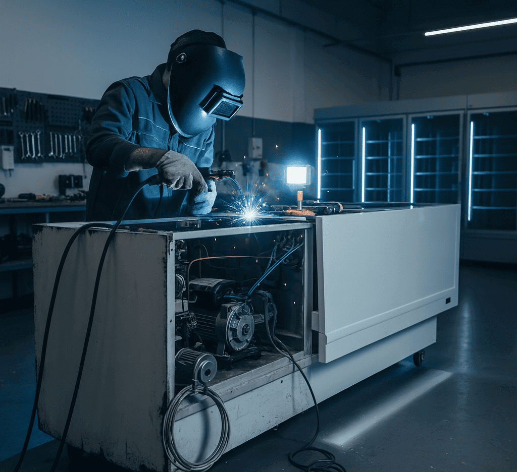 Técnico utilizando ferramentas de precisão em sistema de refrigeração